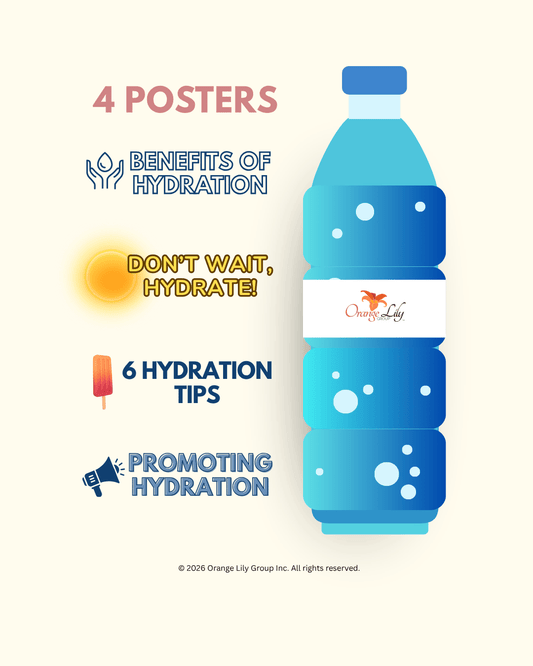 Promotion for hydration featuring a large illustrated blue water bottle on the right and text on the left reading '4 POSTERS', 'BENEFITS OF HYDRATION', 'DON'T WAIT, HYDRATE!', '6 HYDRATION TIPS', and 'PROMOTING HYDRATION'.
