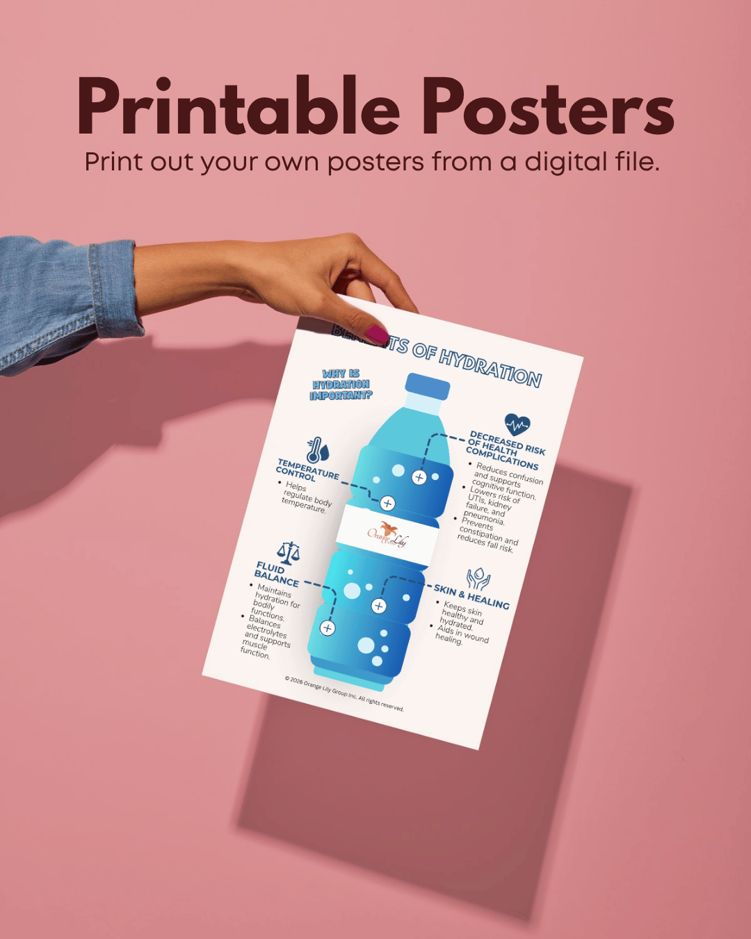 A hand wearing a denim sleeve holds a printed poster about hydration against a solid pink background. The poster features a blue water bottle illustration and text sections on fluid balance and hydration tips.