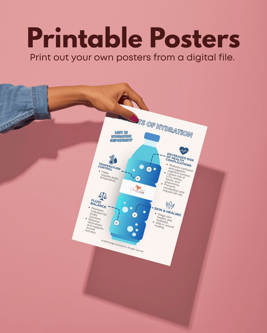 A hand wearing a denim sleeve holds a printed poster about hydration against a solid pink background. The poster features a blue water bottle illustration and text sections on fluid balance and hydration tips.