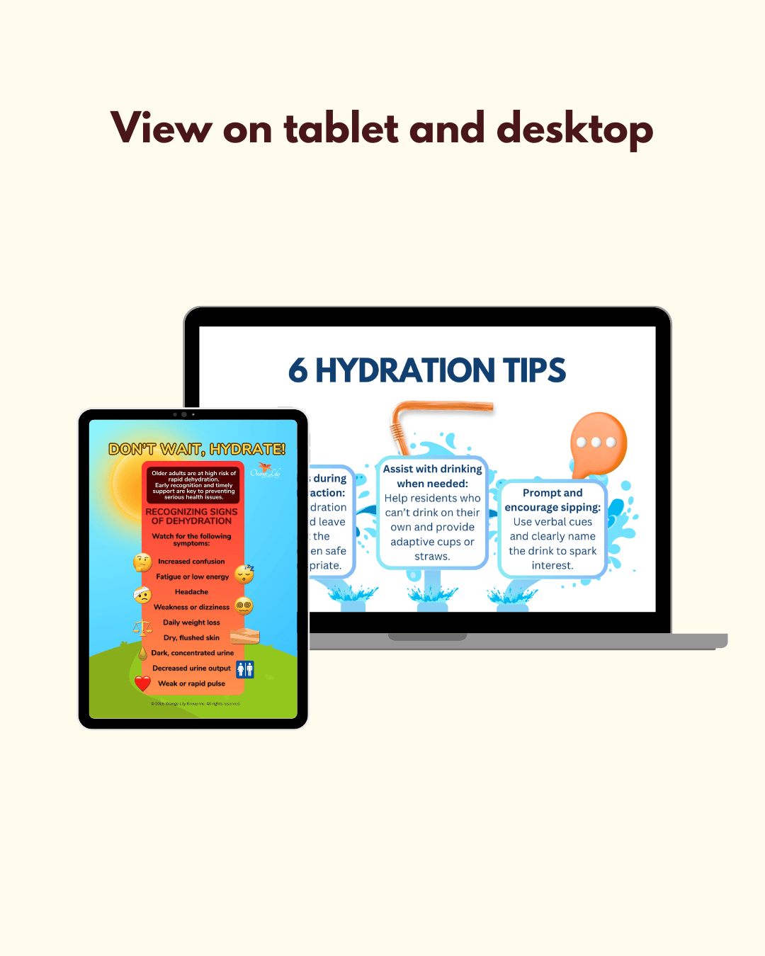 A digital mockup showing an infographic about hydration tips displayed on a laptop and tablet screen against a light cream background, with the text 'View on tablet and desktop' above.