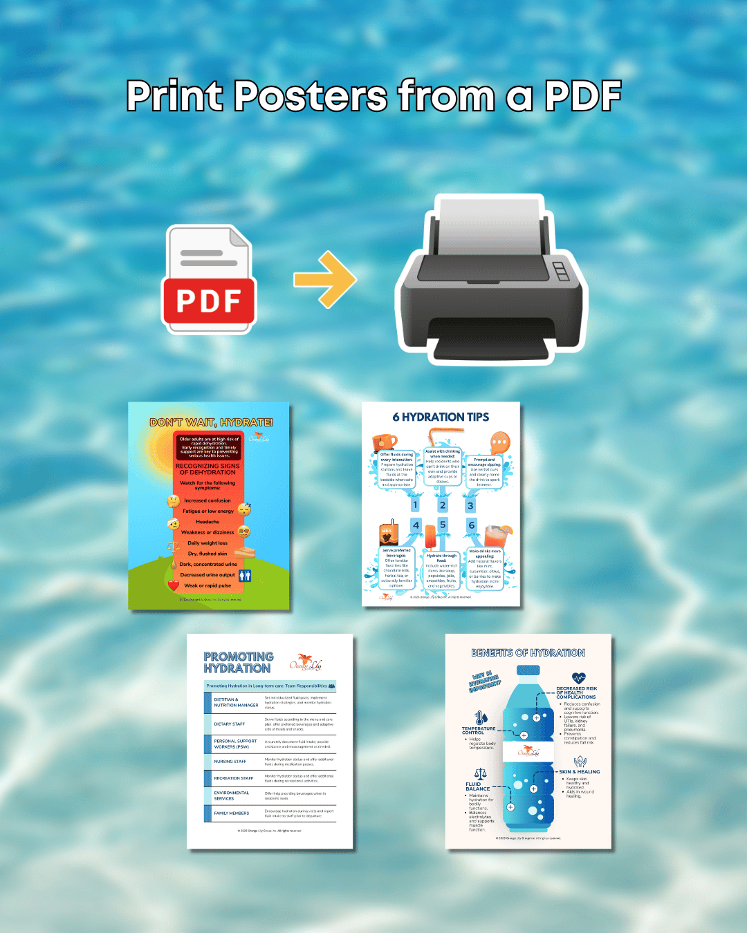 Promotional graphic for a PDF-to-print poster service, showing the text 'Print Posters from a PDF' above a PDF icon pointing to a printer, with four sample poster designs displayed below on a blue water-texture background.